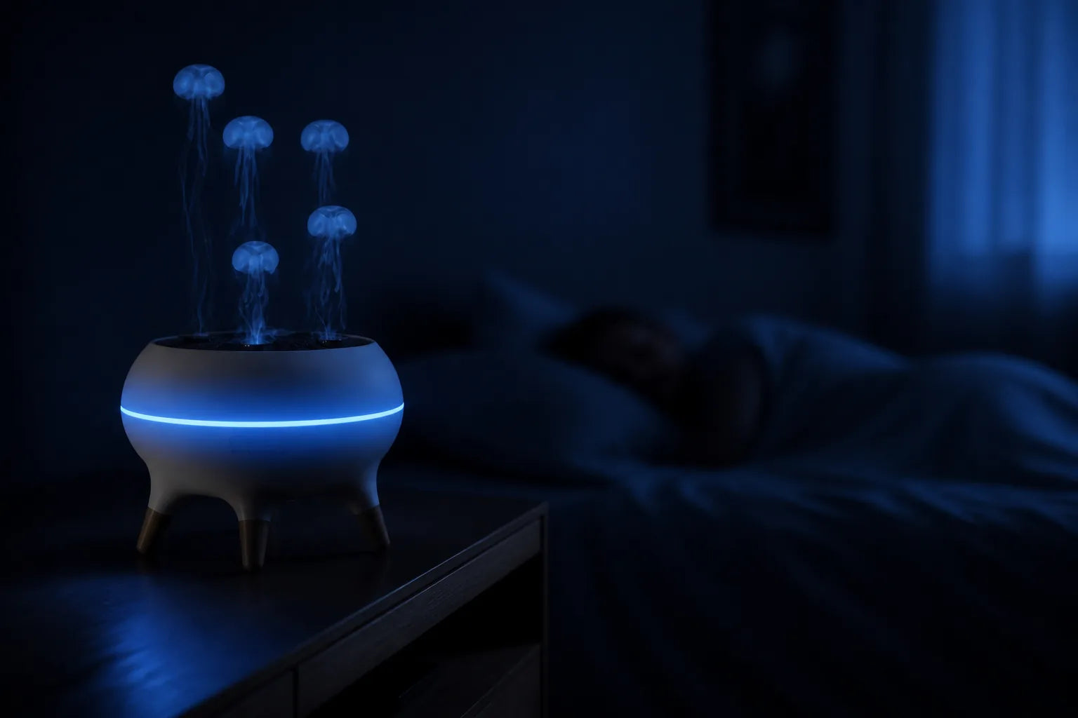 Blue JellyFuser glowing beside a bed